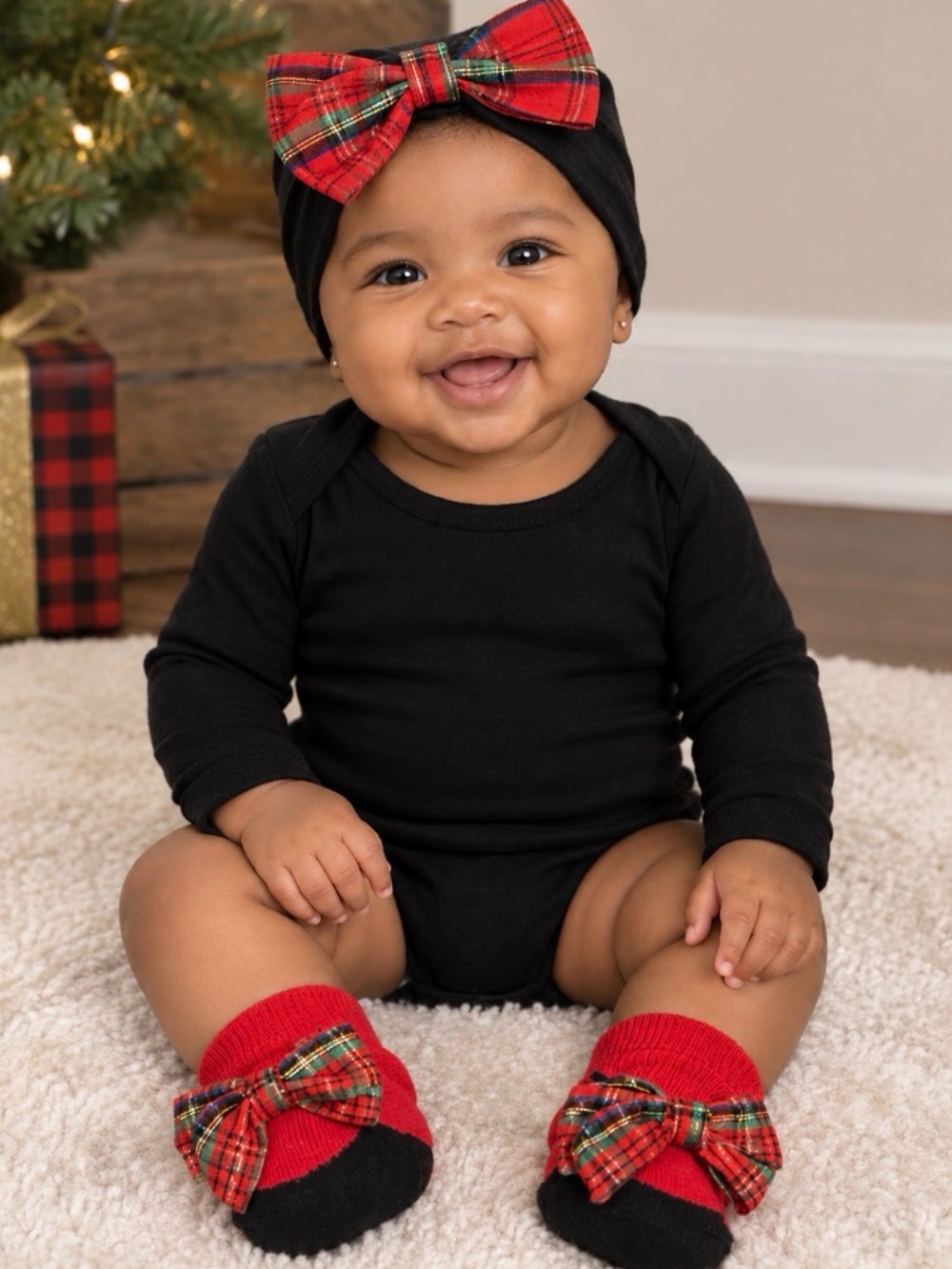 Baby Essentials Christmas Plaid Turban Hat & Socks Set NWT Red Green Black
